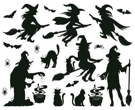 Halloween witch silhouettes. Magic witch ladies with broomstick, hats and bats, scary witches making magic vector illustration set. Female wizards silhouettes