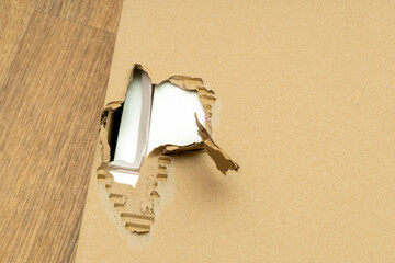Damaged, torn cardboard box packaging with hole