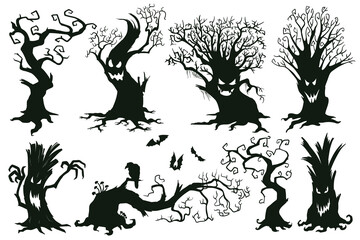 Fototapeta premium Halloween spooky trees. Cartoon hooked trees, scary halloween trees with muzzles vector illustration set