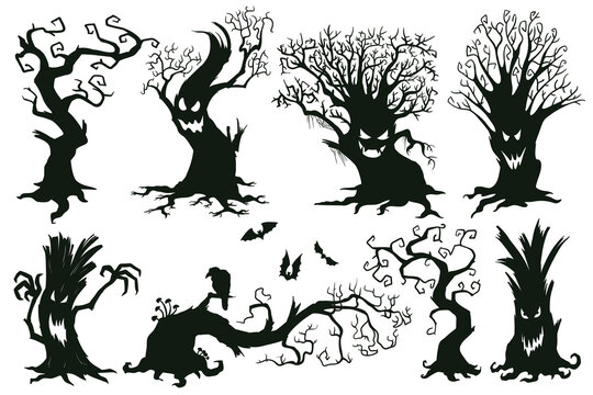 Halloween spooky trees. Cartoon hooked trees, scary halloween trees with muzzles vector illustration set