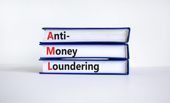 AML, anti-money laundering symbol. Books with words AML, anti-money laundering on beautiful white background. Business, AML, anti-money laundering concept.