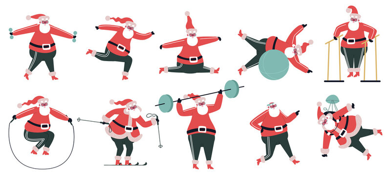 Exercising Santa Claus. Sporty cute Santa character, winter holidays symbol doing fitness exercises vector illustration set. Santa Claus sport activity