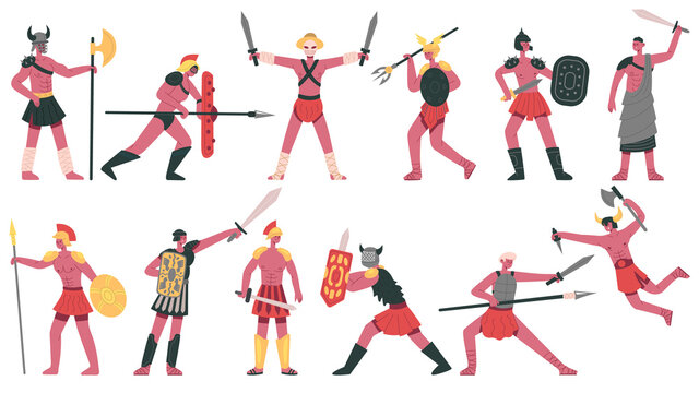 Roman gladiator characters. Ancient roman warlike gladiators, martial greek fighters cartoon isolated vector illustration set. Armed fighting warriors