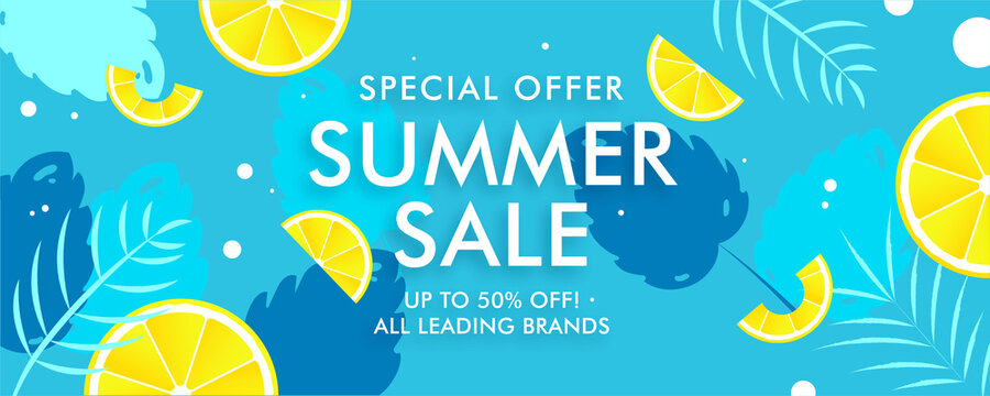 Summer End Of Season Sale Banner Illustration, Under Water Background With Leaflet And Lemon.