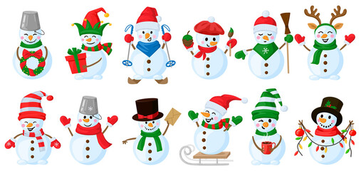 Cartoon snowmen. Christmas funny snowman characters, cute snowman wearing hat and scarf vector illustration set. Winter holidays snowman characters