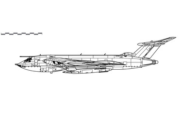 Handley Page VICTOR B.2 with Blue Steel missile. Vector drawing of cold war strategic bomber. Side view. Image for illustration and infographics.