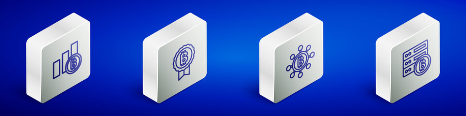 Set Isometric line Pie chart infographic bitcoin, Bitcoin, Blockchain technology and Server icon. Vector