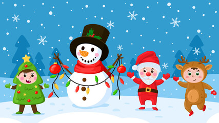 Cartoon kids and snowman. Children in Christmas costumes playing outdoor, winter holiday activities vector illustration. Happy kids playing with snowman