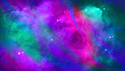 light starry Space with shining stars stardust and blue green pink nebula galaxy with milky way and planet background