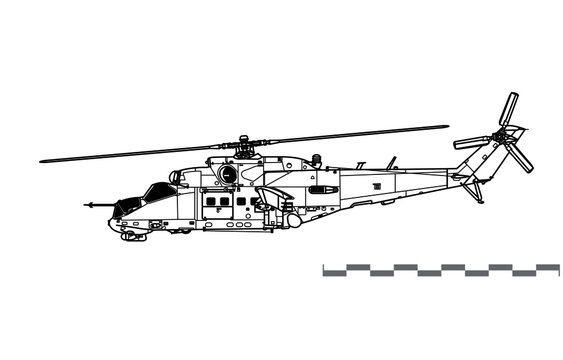 Mil Mi-24P Hind-F. Vector drawing of attack helicopter with. Side view. Image for illustration and infographics.