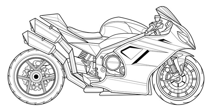 Adult motorcycle vector illustration coloring page for book and drawing. Line art without fill. Race. High speed vehicle. Graphic element. Black contour sketch illustrate Isolated on white background
