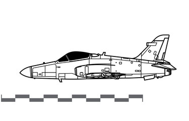 British Aerospace Hawk 200. Vector drawing of light multirole fighter. Side view. Image for illustration and infographics.