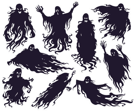 Halloween evil spirit silhouette. Scary nightmare ghost characters, spooky phantom demons mascots vector illustration set. Cartoon ghost silhouettes