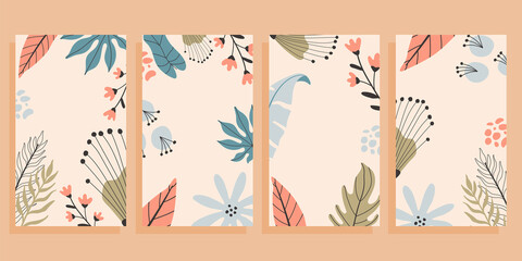 Set of four flyers with empty space for text. Tropical background, hand drawn illustrations.