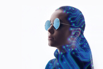 Double exposure of woman and futuristic holographic interface to display data. Female using VR helmet. Augmented reality, future technology, game concept. White background.