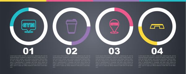 Set line Location gym, Fitness shaker, and Step platform. Business infographic template. Vector
