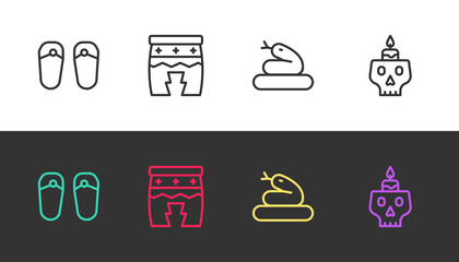 Set line Flip flops, Huehuetl, Snake and Burning candle on skull on black and white. Vector