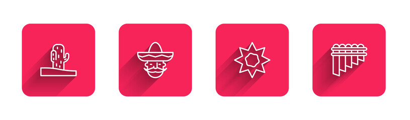Set line Cactus, Mexican man sombrero, Sun and Pan flute with long shadow. Red square button. Vector