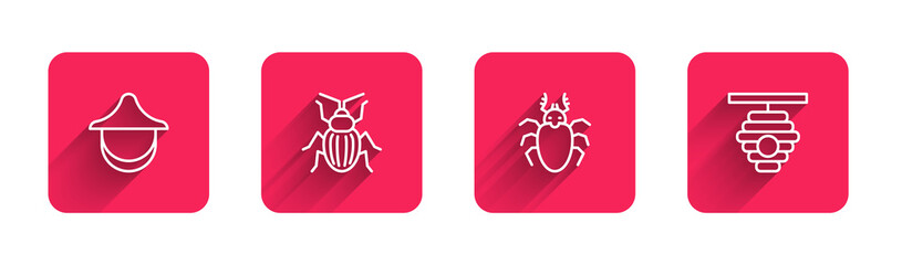 Set line Beekeeper hat, Chafer beetle, Beetle deer and Hive for bees with long shadow. Red square button. Vector