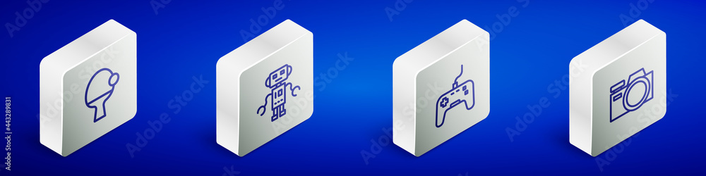 Poster set isometric line racket and ball, robot toy, gamepad and photo camera icon. vector
