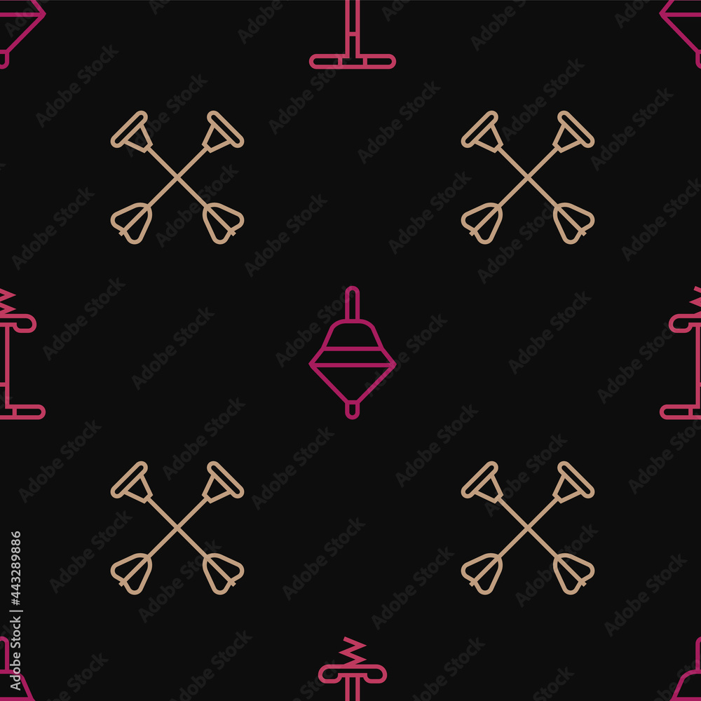Poster set line pogo stick jumping toy, arrow with sucker tip and whirligig on seamless pattern. vector