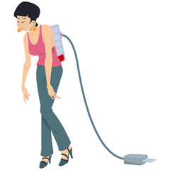 Female low energy and needs charging. Tired woman is walking on street. ​​Illustration for internet and mobile website.