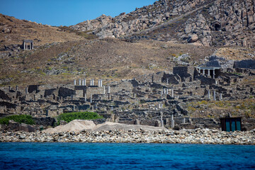 Greece. Delos island ancient civilization ruins at seaside Cyclades