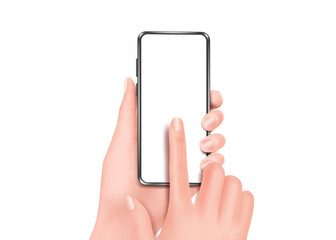 The hand is holding the smartphone and is touching the screen that is blank and all object on white background,vector 3d isolated for presentation design