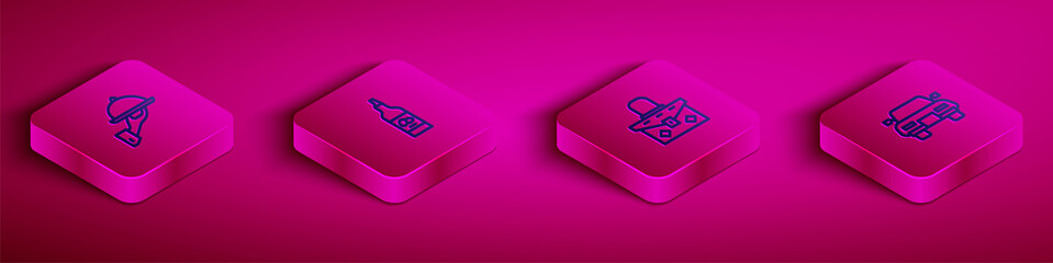 Set Isometric line Covered with tray of food, Bottle olive oil, Handbag and Car icon. Vector