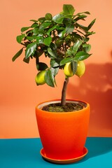 dwarf flowerpot houseplant lemon in big terracotta pot, decorative tree with yellow fruit, studio photoshoot on orange colorful free space background