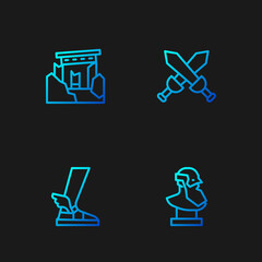 Set line Ancient bust sculpture, Hermes sandal, ruins and Crossed medieval sword. Gradient color icons. Vector