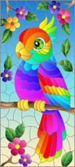 Illustration in stained glass style with a bright cartoon parrot on a background of flowers and blue sky, rectangular image