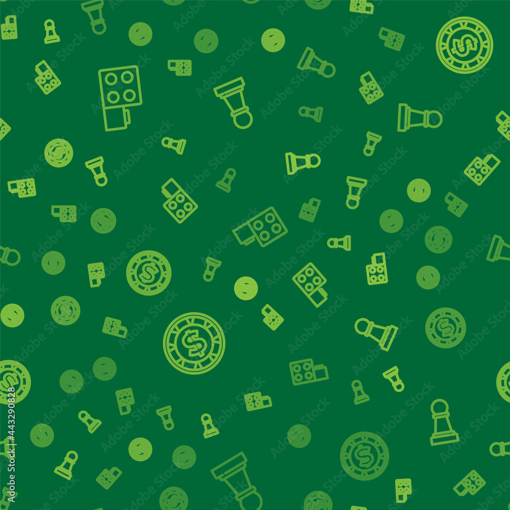 Poster set line toy building block bricks, casino chip with dollar and chess on seamless pattern. vector