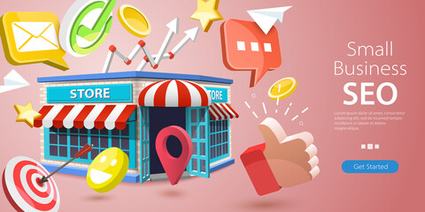 3D Vector Conceptual Illustration of Small Business SEO, Local Store Marketing