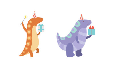 Cute Baby Dinosaurs in Party Hats Giving Gifts Set, Adorable Funny Dino Characters Holding Gift Boxes, Happy Animals Celebrating Holidays Cartoon Vector Illustration