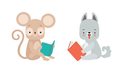 Funny Baby Animals Reading Books Set, Adorable Little Mouse and Wolf Sitting and Learning, Kids Education Concept Cartoon Vector Illustration