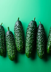 Set of fresh whole cucumbers on a green background, food pattern. Garden cucumber wallpaper backdrop design
