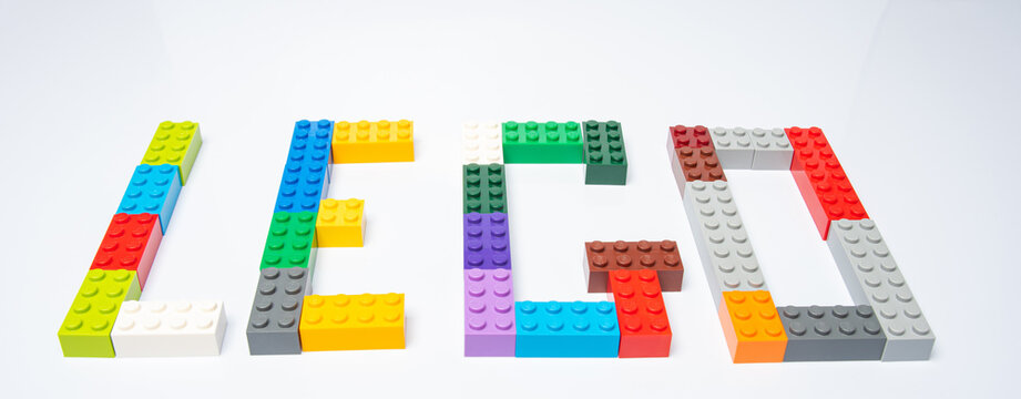 Araras, São Paulo, Brazil. July 4, 2021. Details of colorful lego pieces forming the LEGO name, white background, selective focus.