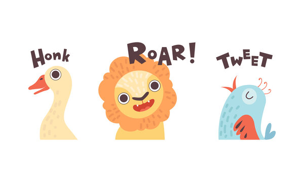 Cute Animals Making Sounds Set, Adorable Goose, Lion, Bird Saying Honk Roar, Tweet Cartoon Vector Illustration