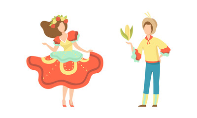 Couple in Colorful Costumes Dancing at Folklore Party Set, Traditional Brazil June Festival, Festa Junina Cartoon Vector Illustration