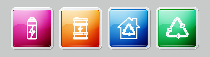 Set line Battery, Bio fuel barrel, Eco House with recycling and Recycle symbol. Colorful square button. Vector