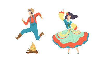 Young Man and Woman in Traditional Costumes Dancing at Folklore Brazil June Festival, Festa Junina Cartoon Vector Illustration