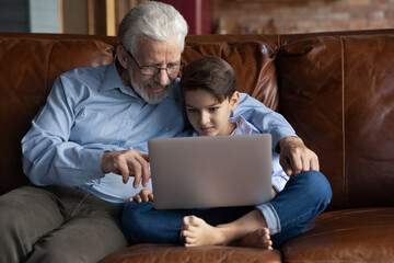 Happy boy and grandpa watching movie on laptop at home, relaxing on couch in living room, using...