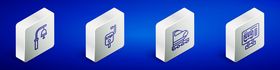 Set Isometric line Train station bell, Emergency brake, High-speed train and Ticket office to buy tickets icon. Vector
