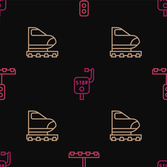 Set line Train traffic light, High-speed train and Emergency brake on seamless pattern. Vector