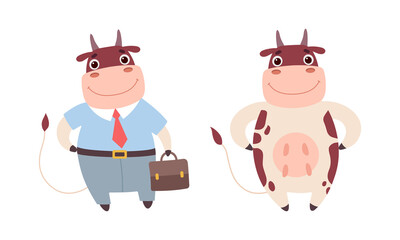 Cute Cow Characters Set, Adorable Farm Animal Standing on Two Legs Cartoon Vector Illustration