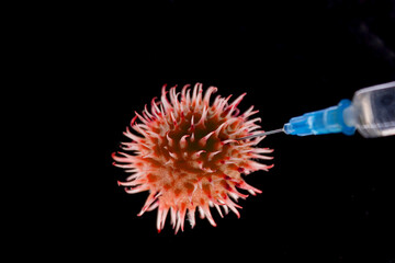 Coronavirus vaccination concept. A medical syringe injected into the body of the virus.