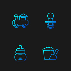 Set line Sand in bucket with shovel, Baby bottle, Toy train and dummy pacifier. Gradient color icons. Vector