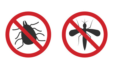 No, Ban or Stop signs. Bug disinfection icons. Caution attention symbol.Vector illustration isolated on white background.