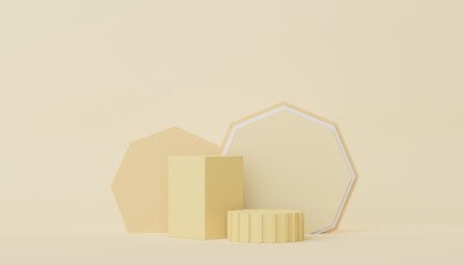 3d render of Abstract minimal  display podium for showing products, cosmetic presentation and mock up. Showcase scene with pastel earth tone background. Illuminated simple geometric shapes.